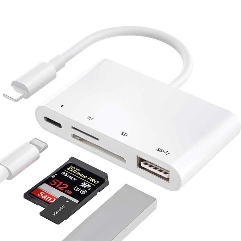 USB Card Reader Adaptor + Charger Port for iPhone 12/X/Xs Max/8/8 Plus/iPad/iPod
