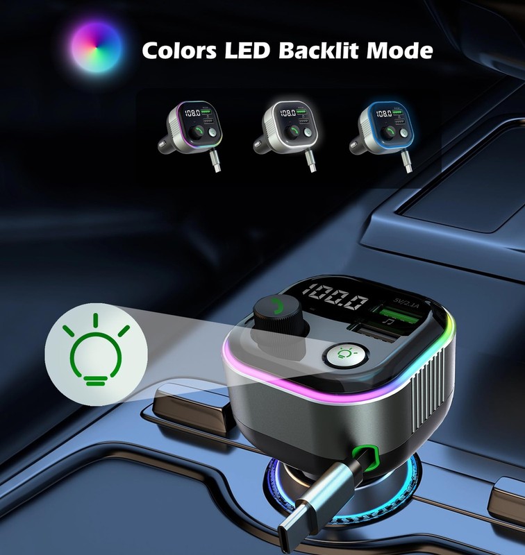 Bluetooth 5.4 FM Transmitter for Car, 36W(12V)-65W(24V) Type C Retractable Co... gallery