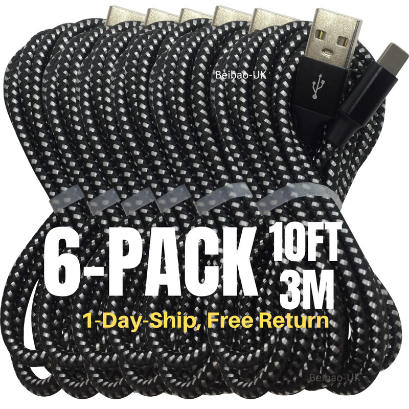 6Pack 10Ft USB Charger Cable Heavy Duty For iPhone 14 12 11 XR XS 8 7 6 Cord Lot