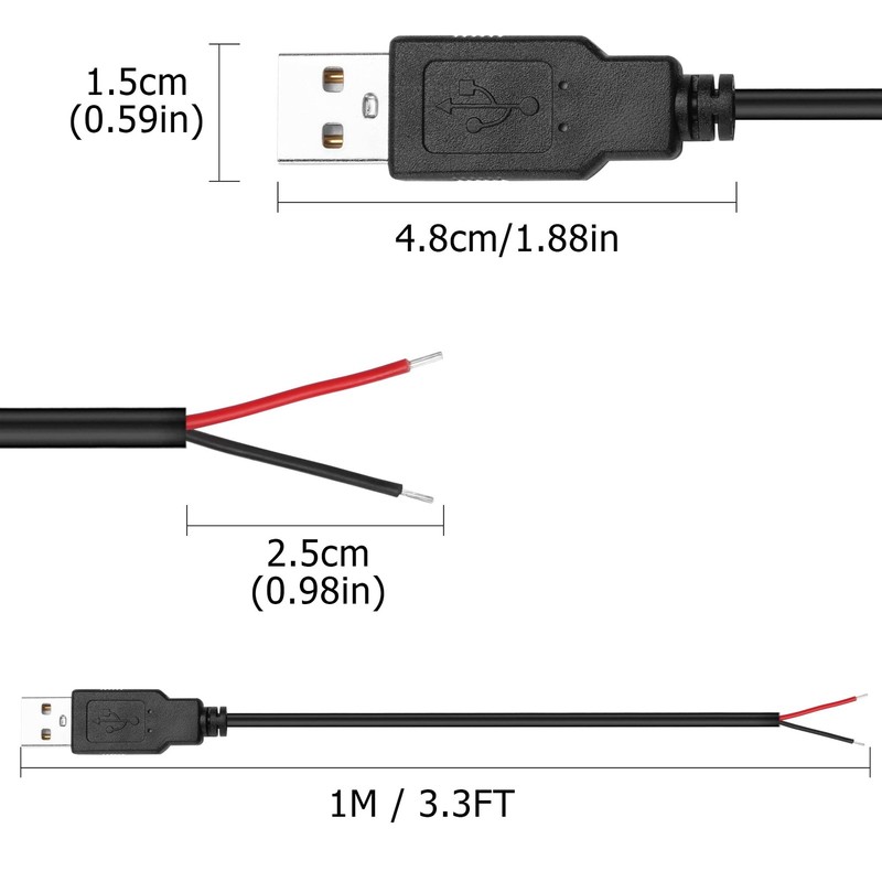 5 PCS 22AWG USB A 2.0 Male Plug To 2 Pin Bare Wire Open End Repair Cable gallery