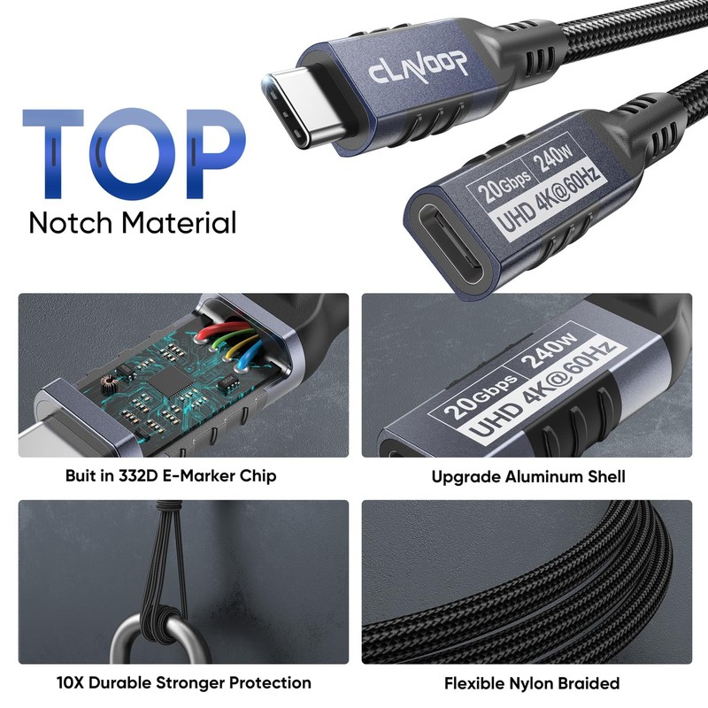 USB C Extension Cable USBC Extender 20Gbps 240W Charge 4K Video Cord 3 FT gallery