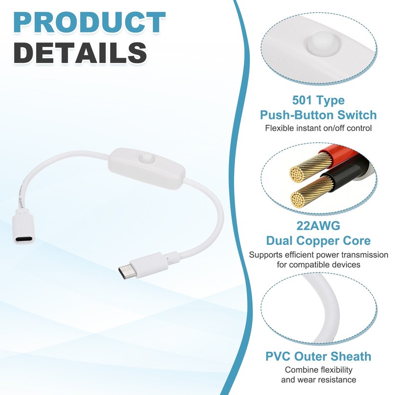 2Pcs USB Type C Switch Extension Cable, 22AWG Copper Core 3A Cord, White 0.9FT gallery