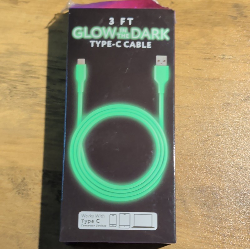 Glow in the Dark Type-C to USB-C Cable 3ft Green Data Sync and Charge Cable