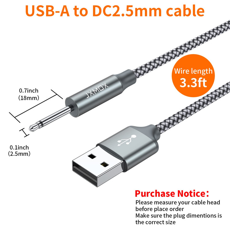 USB Charger Cord 2.5Mm, (2-Pack 3Ft) Replacement DC Charging Cable (Grey) gallery