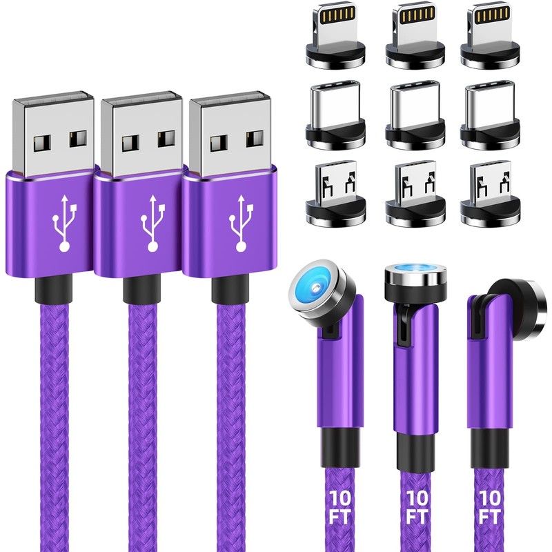Magnetic Charging Cable [3-Pack,10FT/10FT/10FT] 540° Rotating 10 feet, Purple