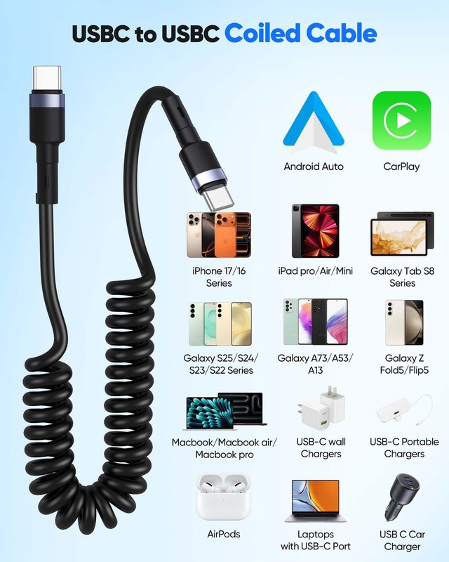 USB C to USB C Coiled Cable for Car, Coiled Type C Cable 60W Fast Charging & ... gallery