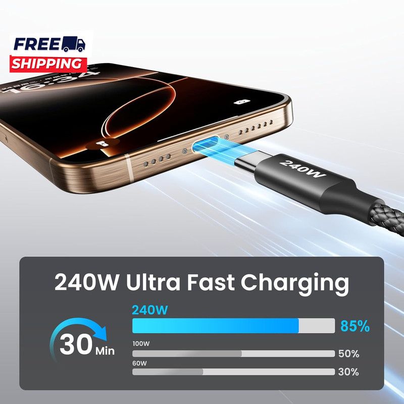 240W USB C to USB C Cable 10Ft, 2-Pack C to C Cable Fast Charging, Type C Charge gallery
