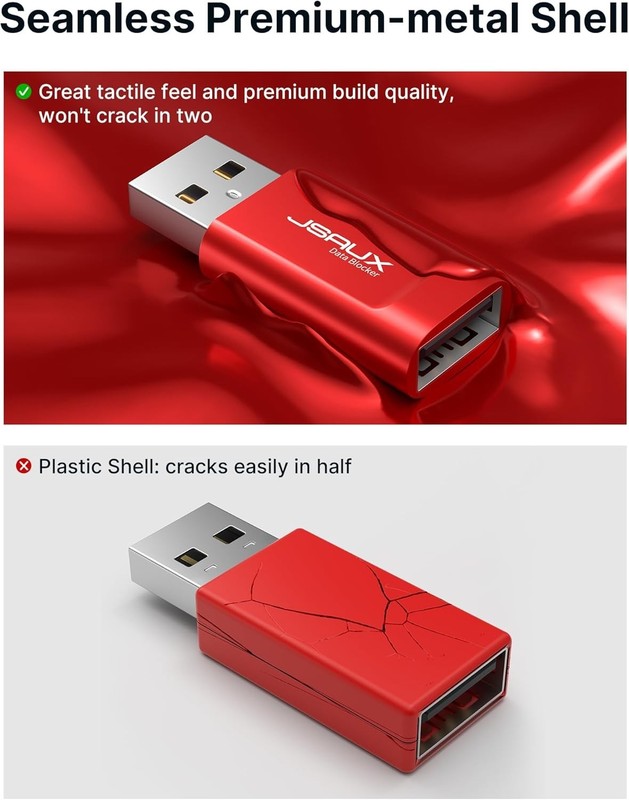 Compact USB Data Blocker for Safe Charging - 2.4A Quick Charge - Red 4-Pack gallery