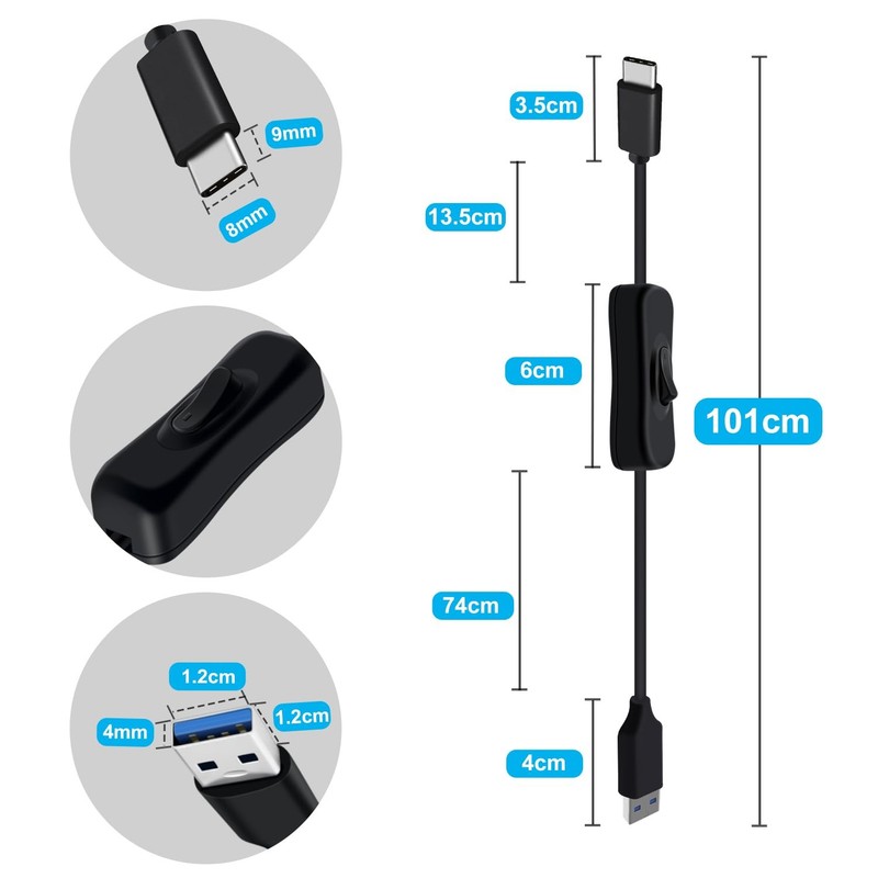 USB C to USB Cable With Switch 3.2FT 1m 5Gbps Power For PC Laptop Car Black gallery