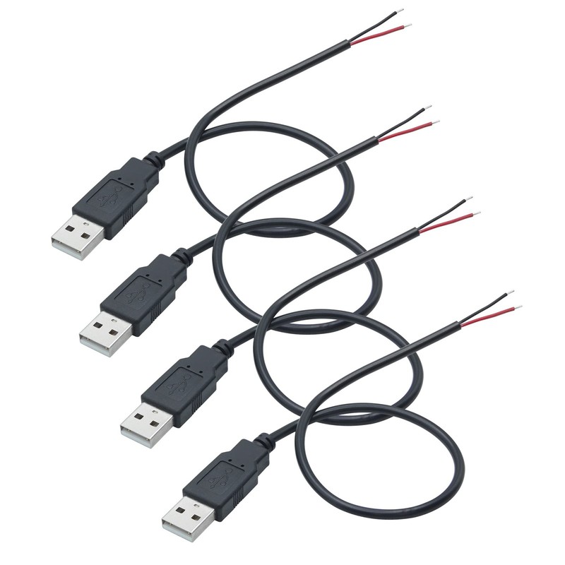 4Pcs USB A Male 2 Pin Bare Wire 30CM, 5V/3A 2 Pin Pigtail Open End Power Cable