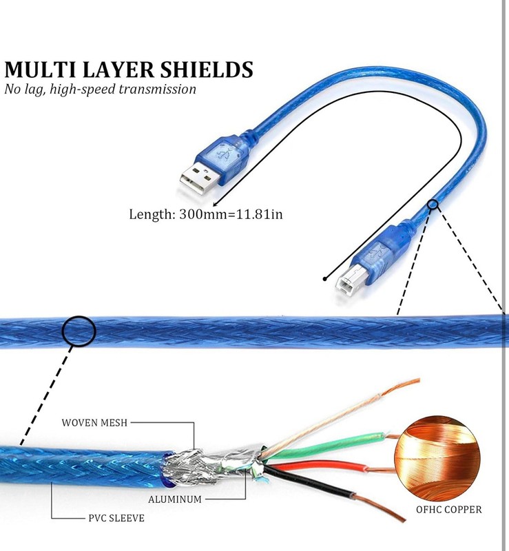 USB-A Male to USB-B Male 2.0 Cable 11.81Inch Blue Cable Wire with 480 Mbps Tr... gallery