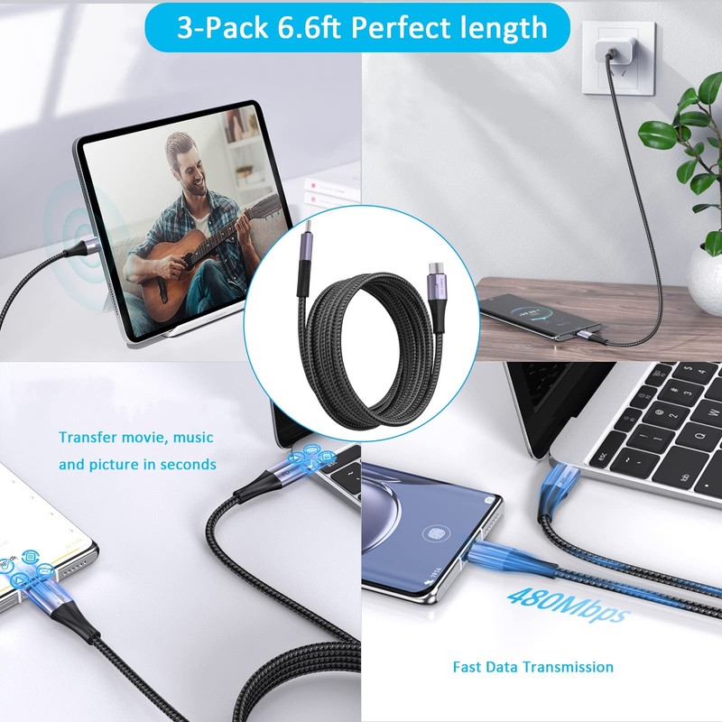 100W Type C to Type C Cable, 5A Fast Charging (3-Pack 6.6 Feet) Nylon Braided... gallery