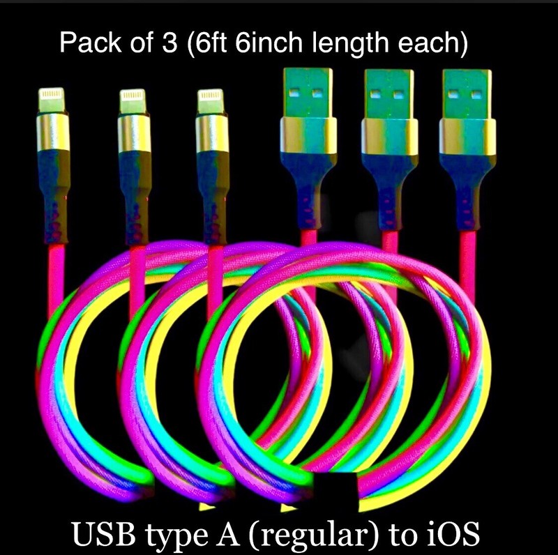 3 PACK USB A to iOS Fast Charging Cable 6ft 6” With Rip Resistant Coated Cord