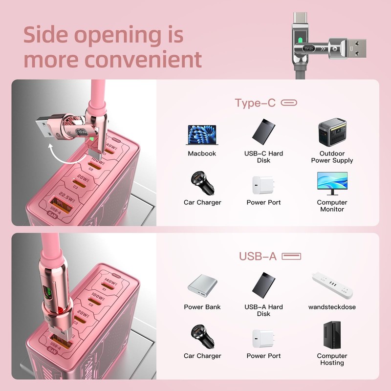 MFish 4 in 1 Charging Cable, 240W Max Fast 6.6FT, Armor Dragon-Pink(4-in-1) gallery