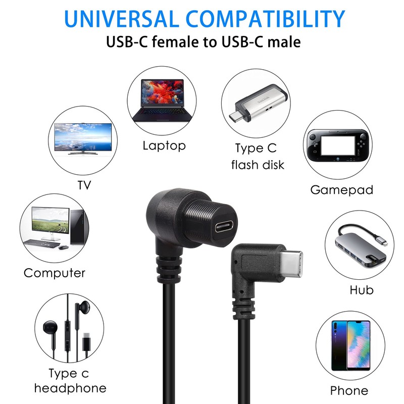 90 Degree Angle USB C Flush Panel Mount Cable 2.0 Female Male Waterproof 30cm gallery