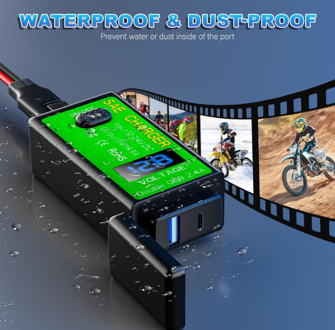 12V/24V Motorcycle Waterproof Phone Charger 4.8A, SAE to USB Adapter + Voltmeter gallery