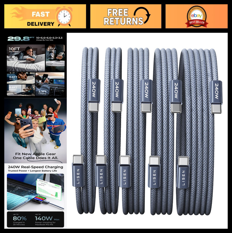 USB C to USB C Cable 240W Fast Charging 5-Pack (3.3/6.6/10FT) for iPhone 17/16/1