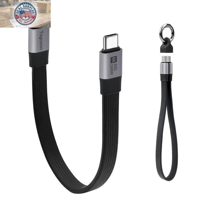 Short Flat USB C to USB C Cable 1Feet, Portable Keychain USB 4 Data Cable, PD 3.