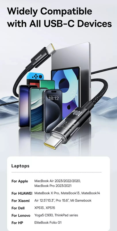 Baseus Transparent 100W Type C Cable For iPhone 16 15 USB C PD Fast Charging gallery