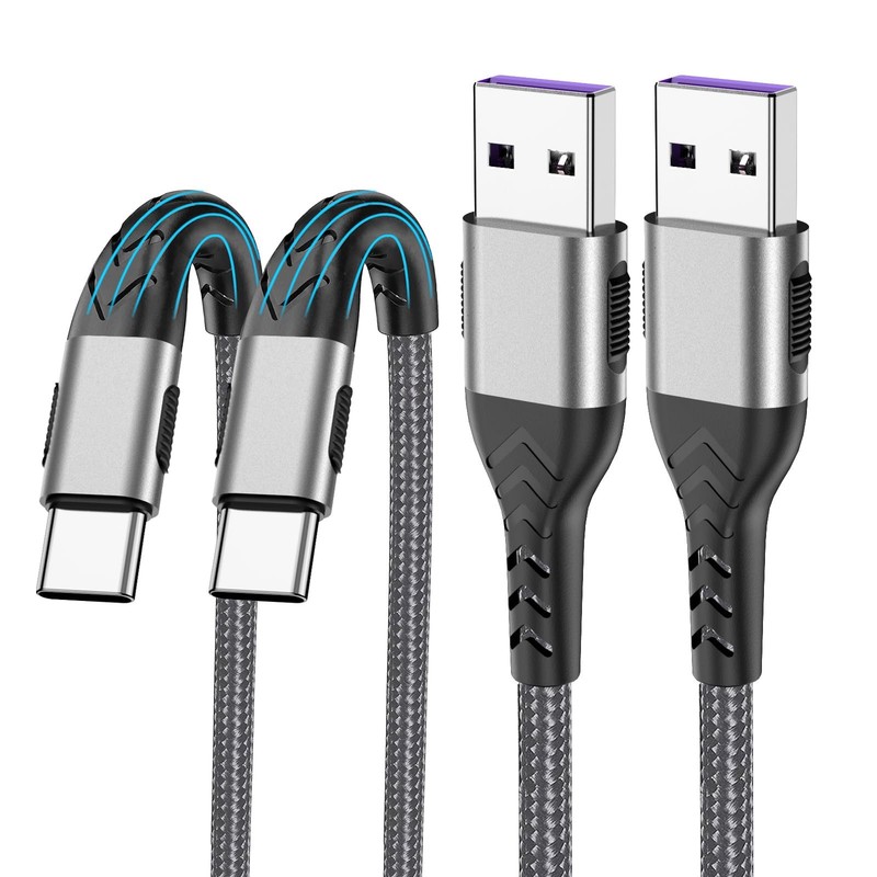 2 PCS USB A to Type C Cable 10 FT Gray Braided Fast Charger Cord AntiSlip