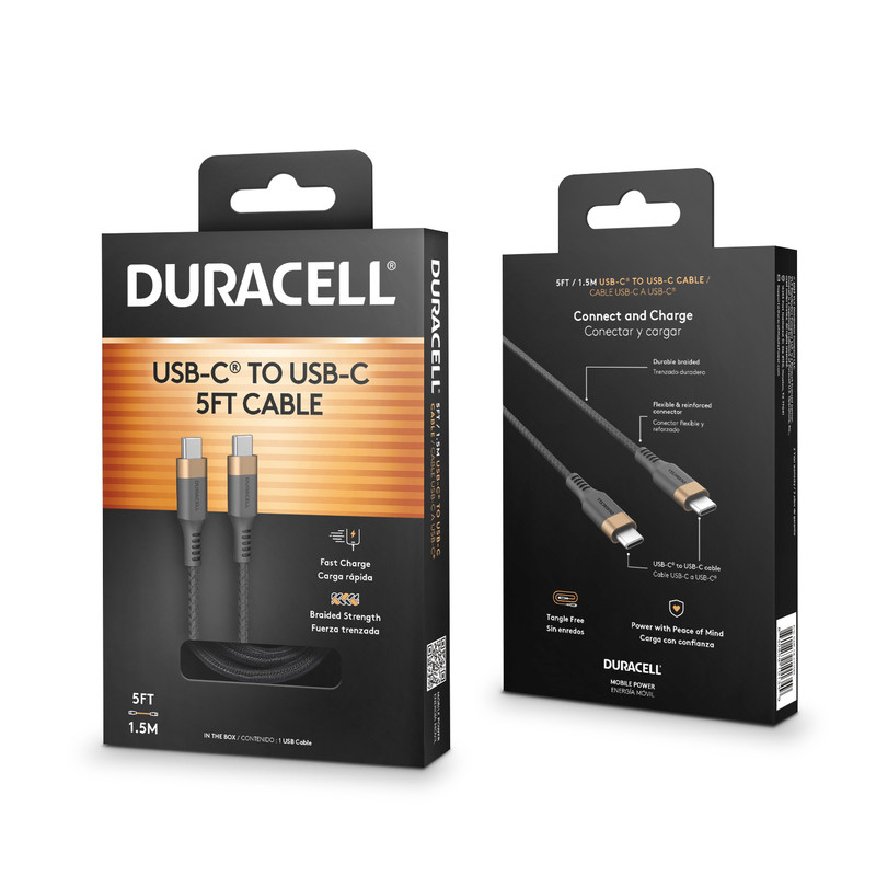 Lot of 30 Duracell USB-C to USB-C Black Nylon Braided Cable 5′ 1.5m