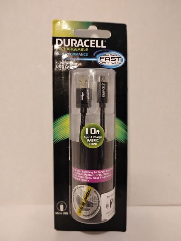 Duracell 10′ USB to Micro USB Sync & Charge Cable Fabric Cord Black PRO440