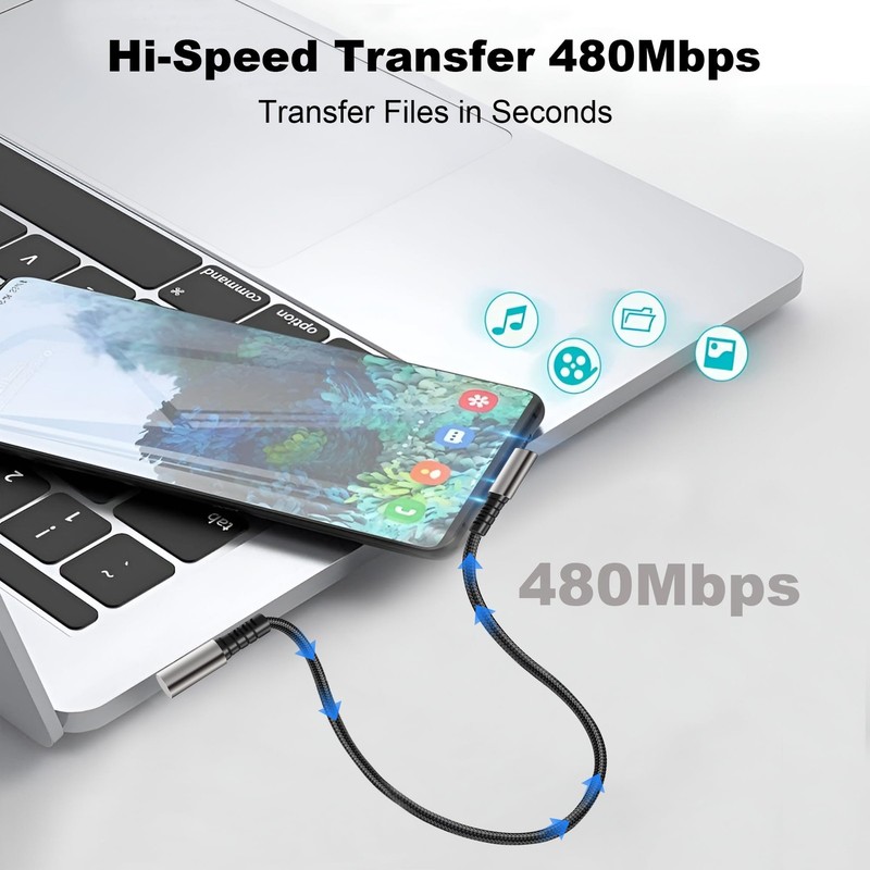 Short USB A to Type C Cable 90 Degree Right Angle Braided 6A Fast Charging gallery