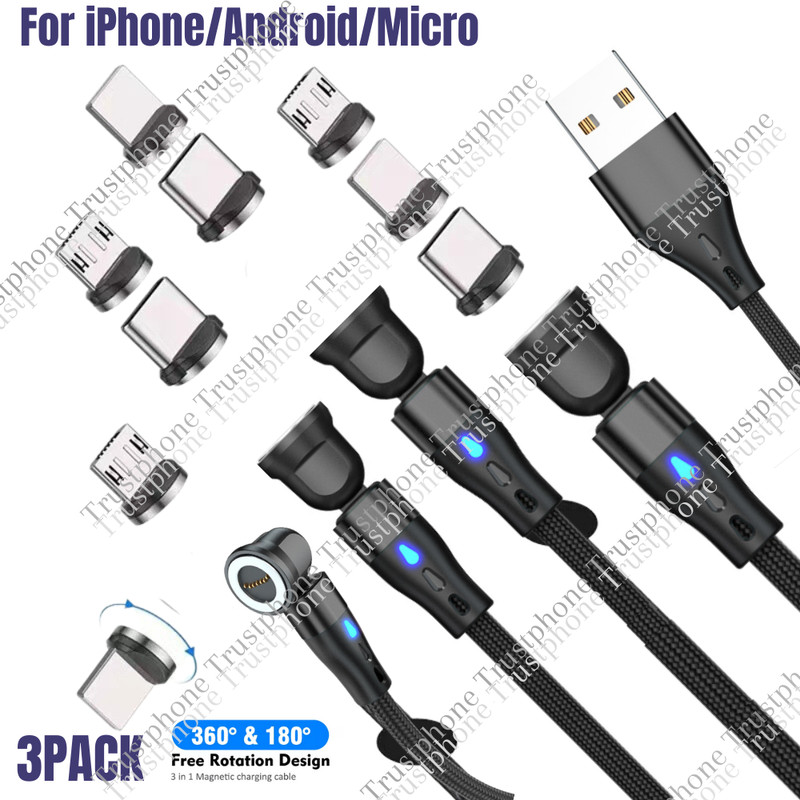 3PACK Rotate Magnetic Phone Cable Micro USB Type C Charger 3A For iPhone Samsung