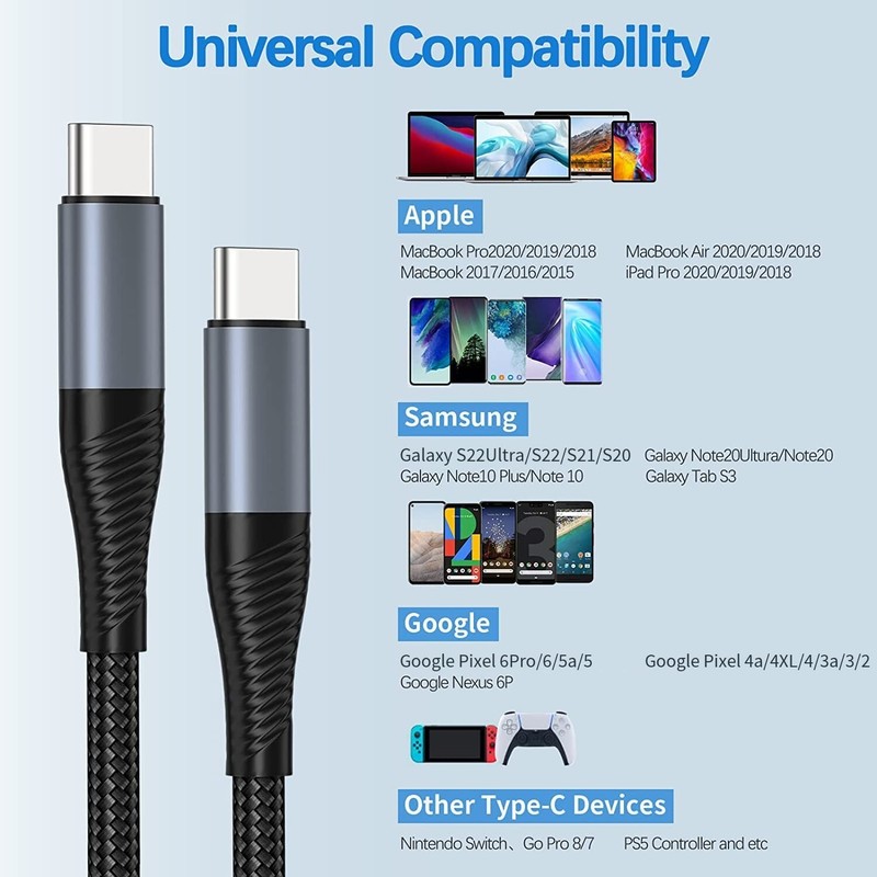 Durable Nylon Braided 100W 5A USB C Cable PD Fast Charger
