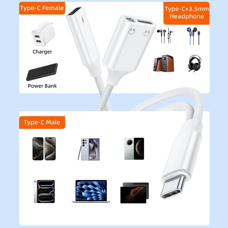 AreMe USB C Splitter 1 in 3 Out, USB C to 3.5mm Headphone and Charger Adapter, D gallery