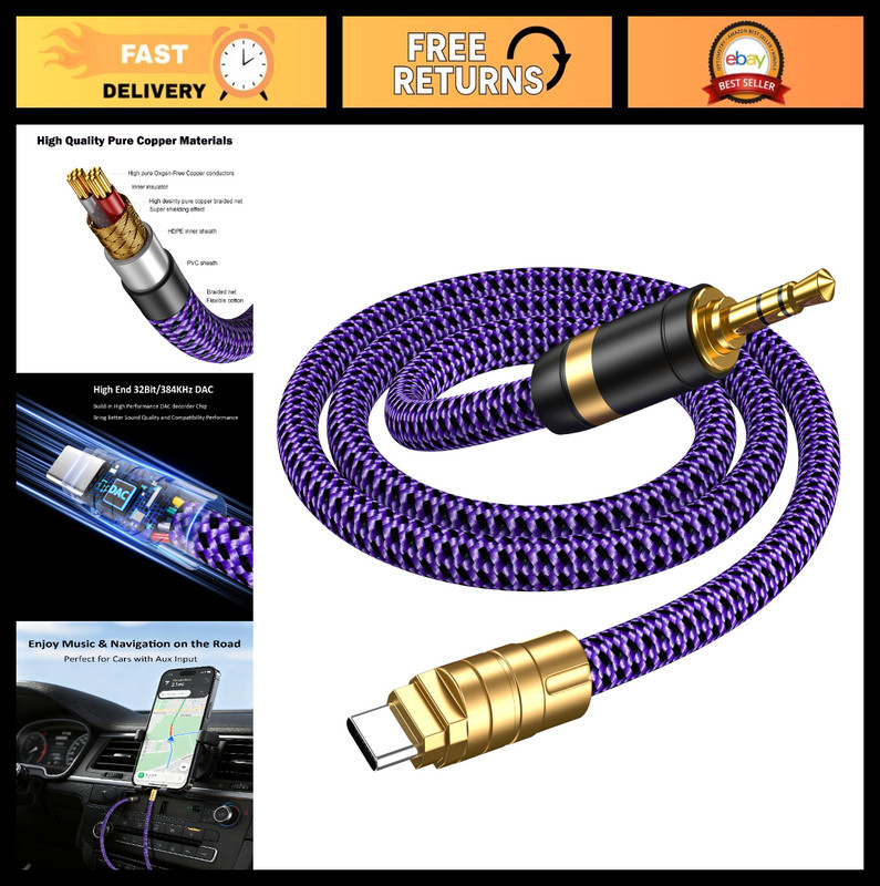 USB C to 3.5mm Audio Cable 3.2FT – Type-C AUX Stereo Headphone & Data Cable for
