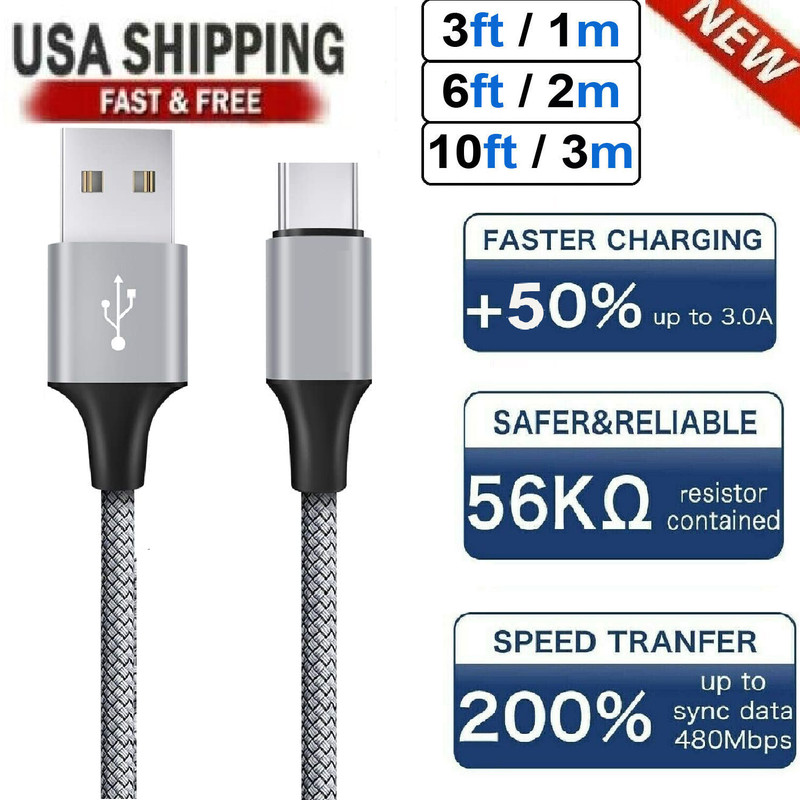Braided USB C Type-C Fast Charging Data SYNC Charger Cable Cord 3/6/10FT LONG US