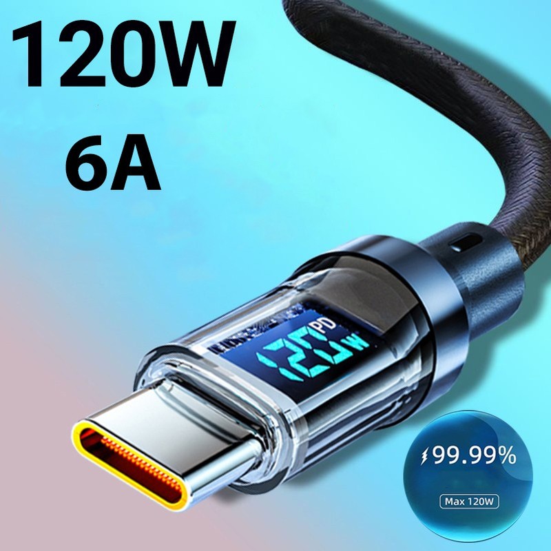 120W USB to C Cable LED Dynamic Power Braided Phone Fast Lead Charger 6A Wire