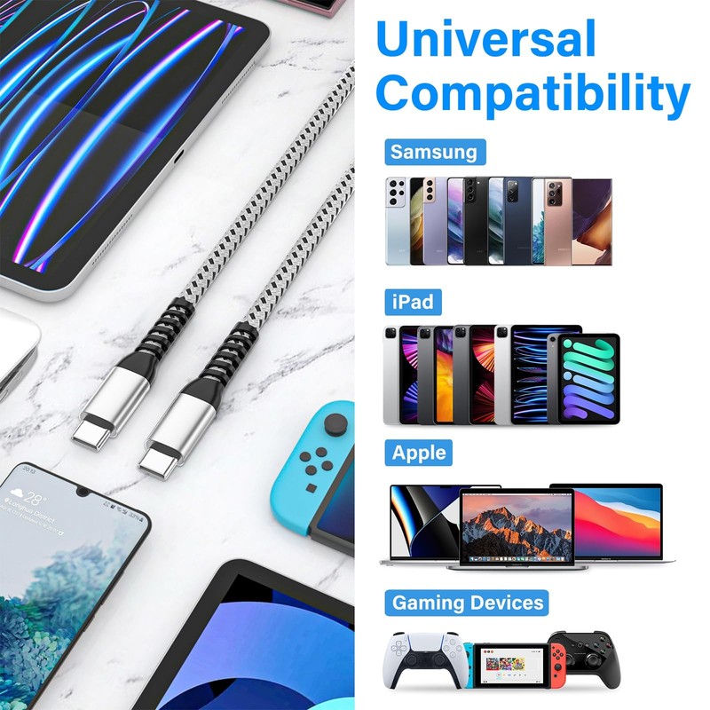 3 Pack 6ft USB C to C Cable iPhone 16 15 Charger Cord 6 Foot Silver Wire gallery