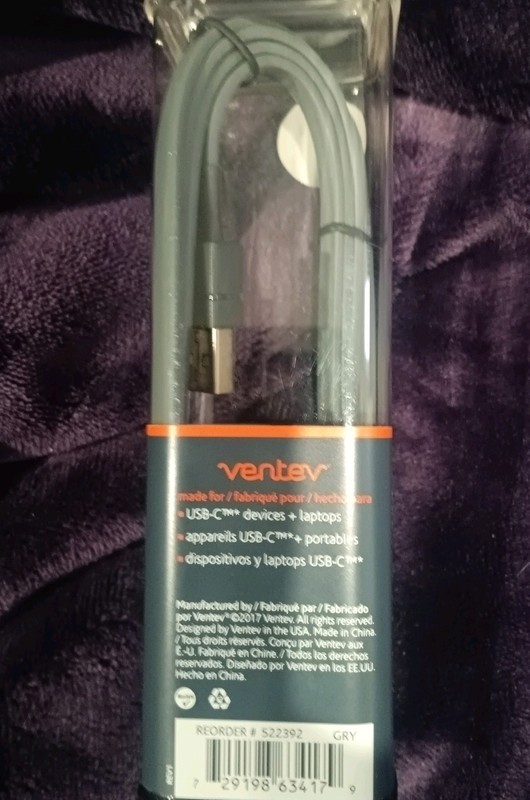 Ventev USB-C Cable 1m Gray Tangle-Free Fast Charge Data Sync 3.0A