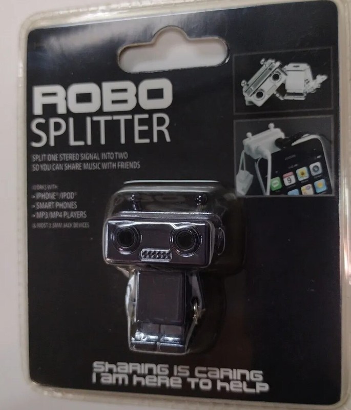 Robot ROBO Splitter Dual 3.5mm Audio Jacks Adapter BLACK Music Connect Tunes NEW