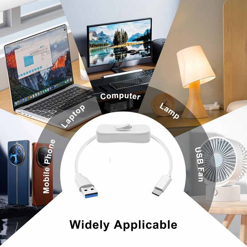 White 1ft 0.3m USB 3.0 To Type C Charger Cable With On Off Switch 5Gbps 1 PCS gallery