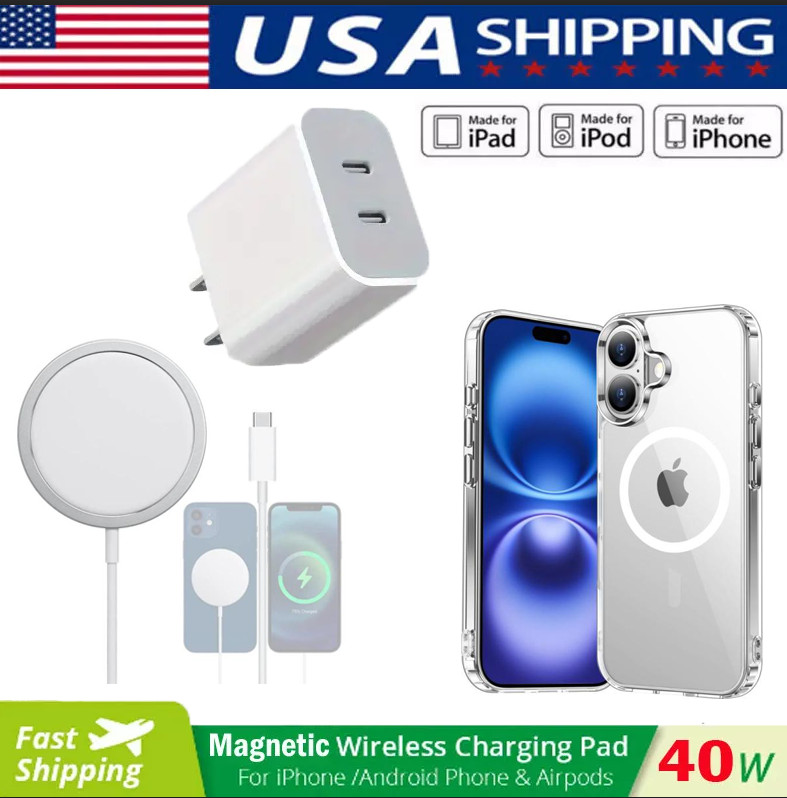 MagSafe Wireless Charger & Case iPhone 11 12 13 14 15 16 Pro / Max w 40W Adapter