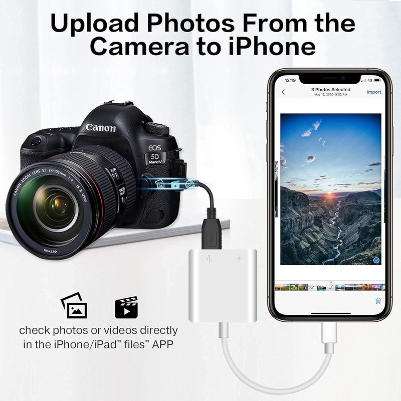 For Apple USB Camera Adapter Transfer Photos Videos with charging for iPhone gallery