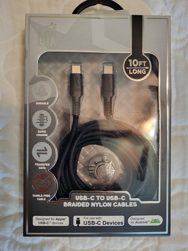 LAX USB-C TO USB-C BRAIDED NYLON CABLE 10 FT FOR ANDROID