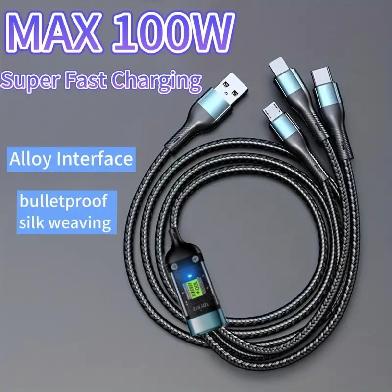 100W 5A Fast Charging USB to Type-C Micro Cable - 3-in-1 for iPhone - Android