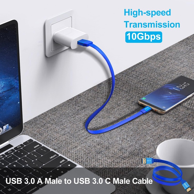 USB to Type C 10Gbps Flat Charger Data Transfer Cable 60W 30V 3A 1m 3ft gallery