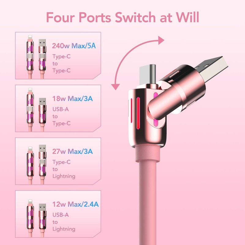 MFish 2-Pack 240W 4-in-1 Multi Charging Cable with 6.6FT, Pink+White gallery