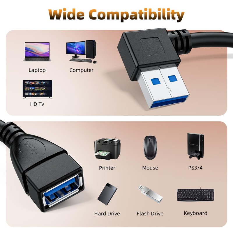 CHECK_VARIANT 2 PCS 25CM/10in Flat Right Left Angle USB 3.0 Extension Cord gallery