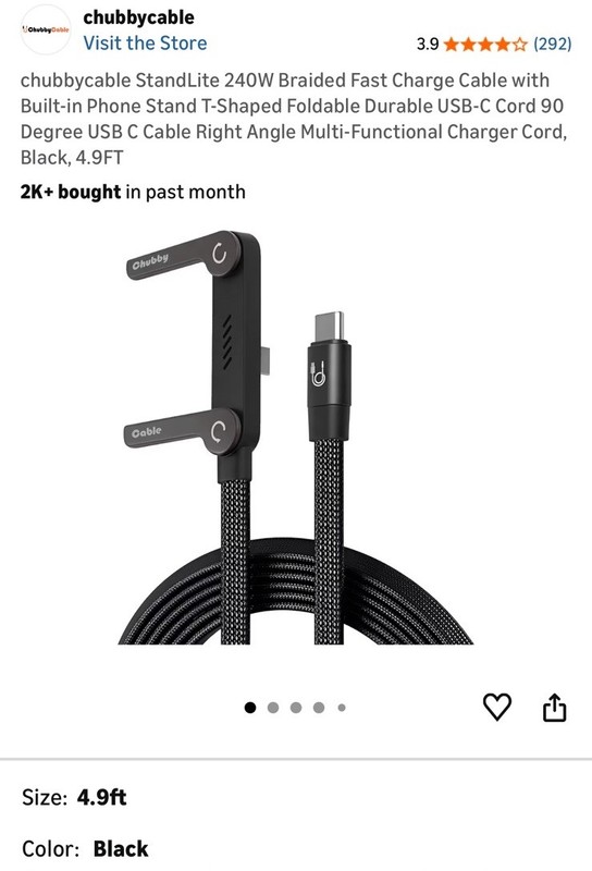 Chubbycable Standlite 240W Braided Fast Charge Cable with Built-In Phone, 4.9FT