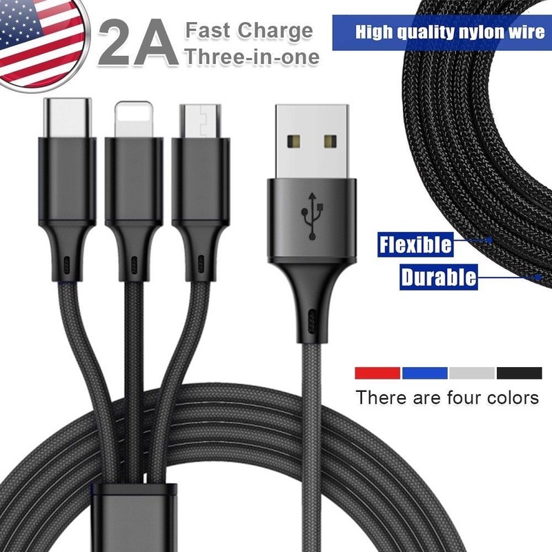 3 in 1 Nylon USB Cable iPhone/Micro USB/Type C Sync charge Cord For All Devices