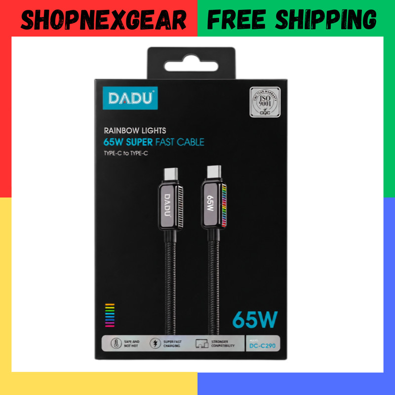65W Super Fast USB-C to USB-C Cable Rainbow LED Light Black Braided 100cm USA
