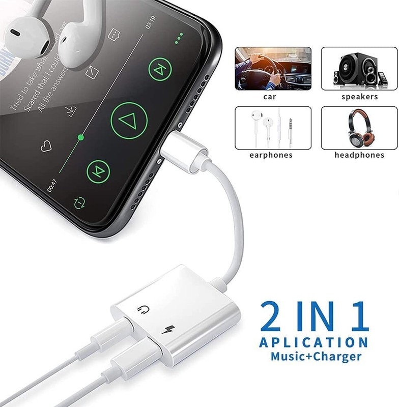 2 IN 1 Headphone Adapter Jack 8 Pin Data to 3.5mm AUX Cord Splitter, iPhone iPad gallery