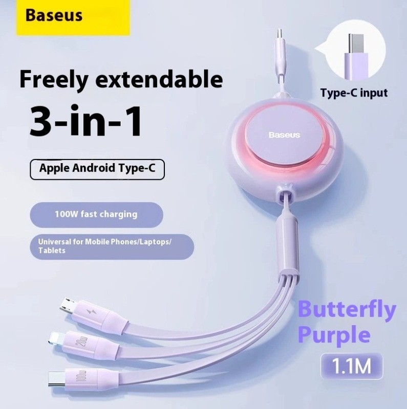 Baseus 3in1 USB Fast Charging Cable Retractable Cord For Iphone Android 100W AU