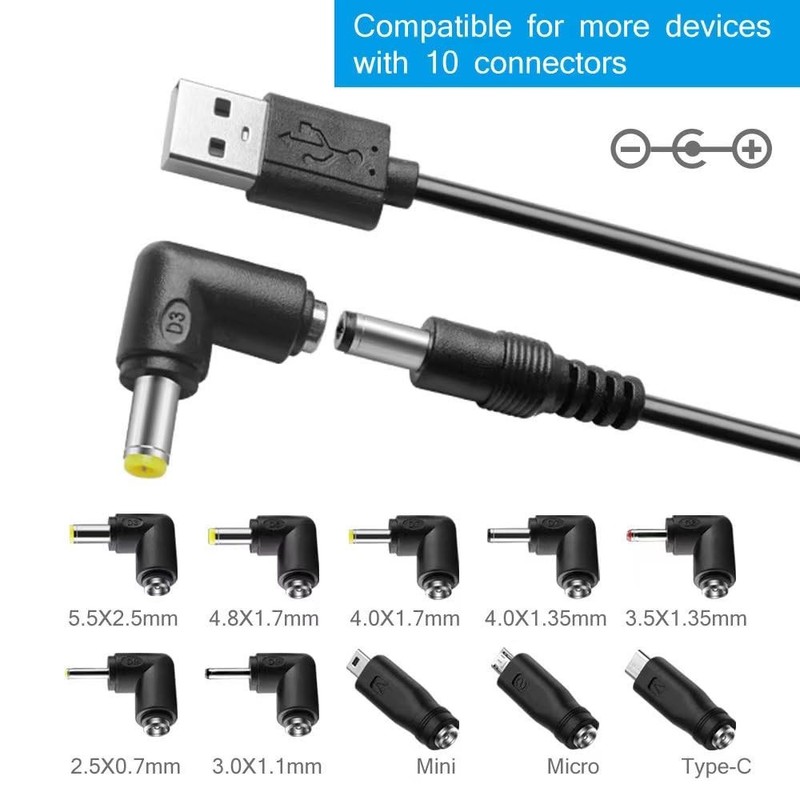 DC 5V USB To DC 5.5x2.1mm Plug Charging Power Cord Cable 10 Connector Tips gallery